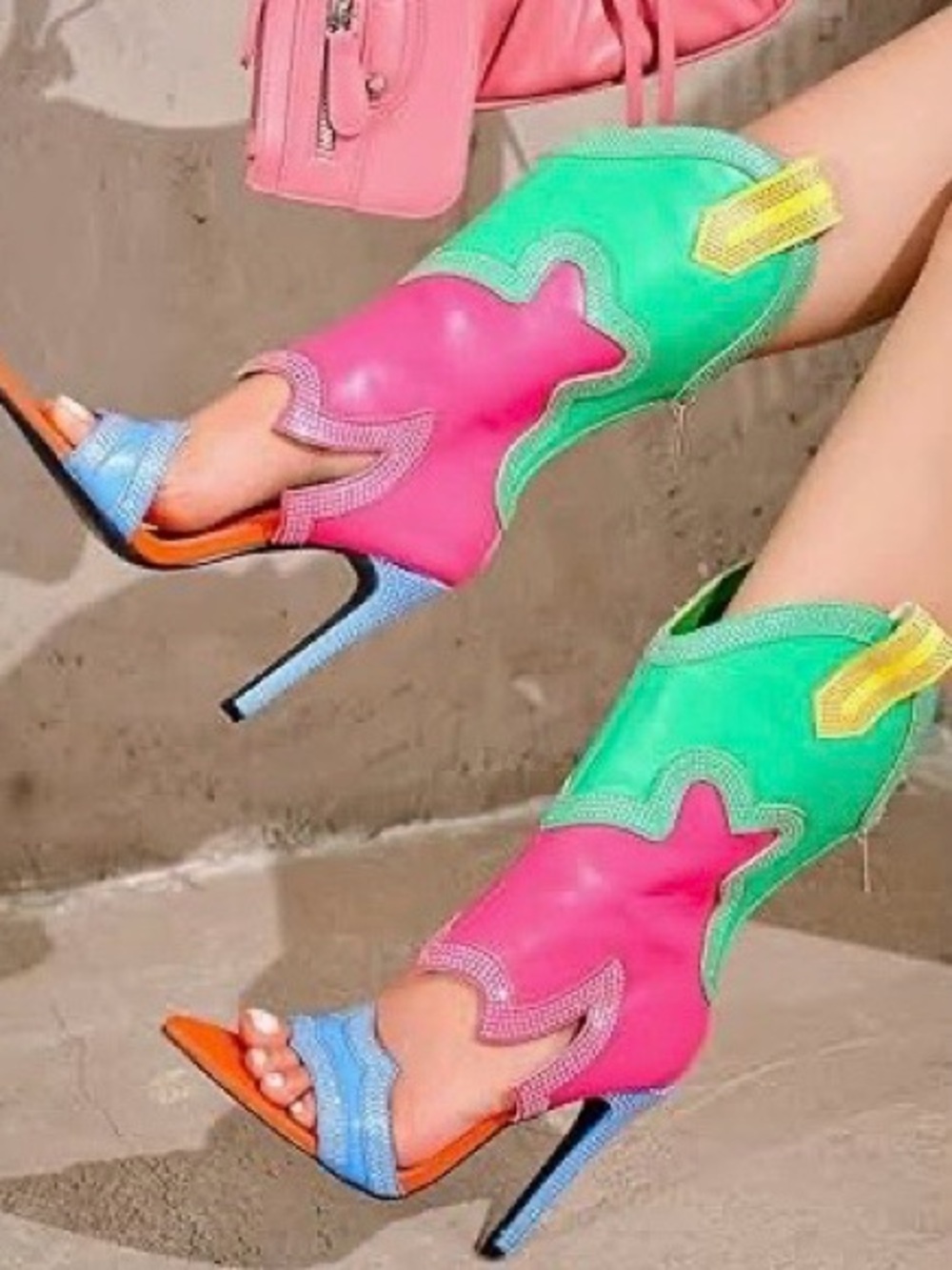 Cape Robbin Multicolor Stiletto Bootie Sandals in Green, Pink & Blue